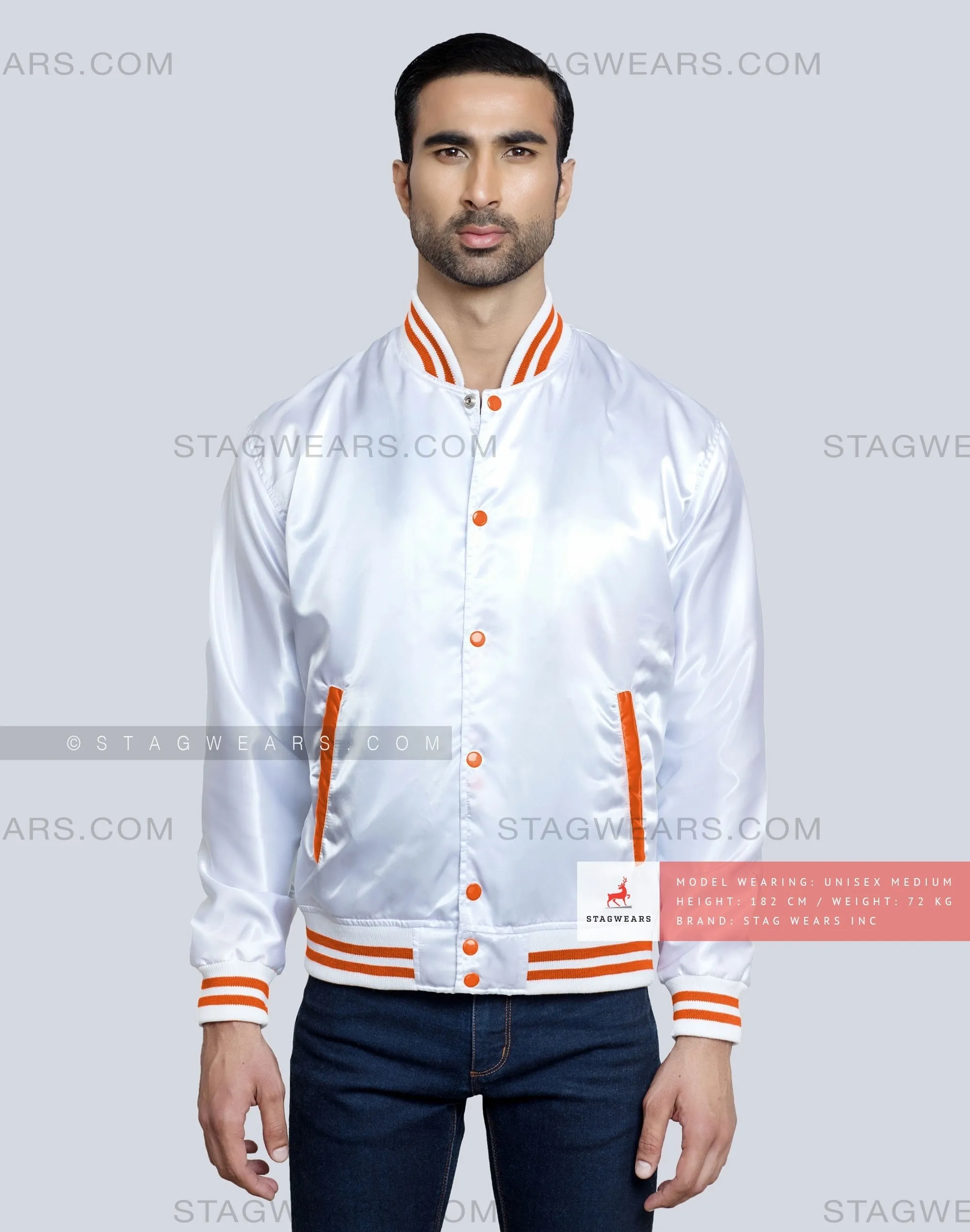 White Satin Baseball Jacket with Orange pockets and Knit lines