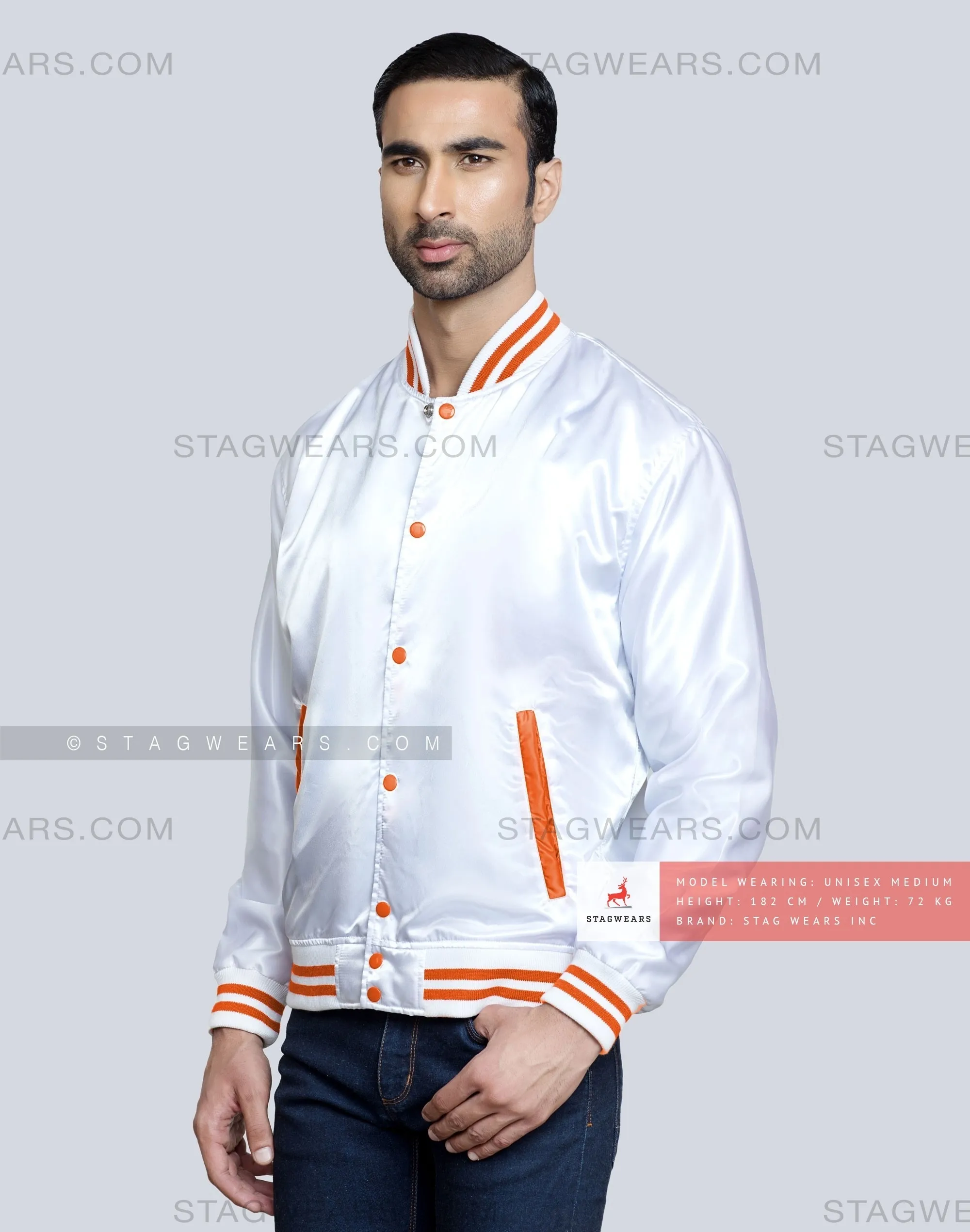 White Satin Baseball Jacket with Orange pockets and Knit lines