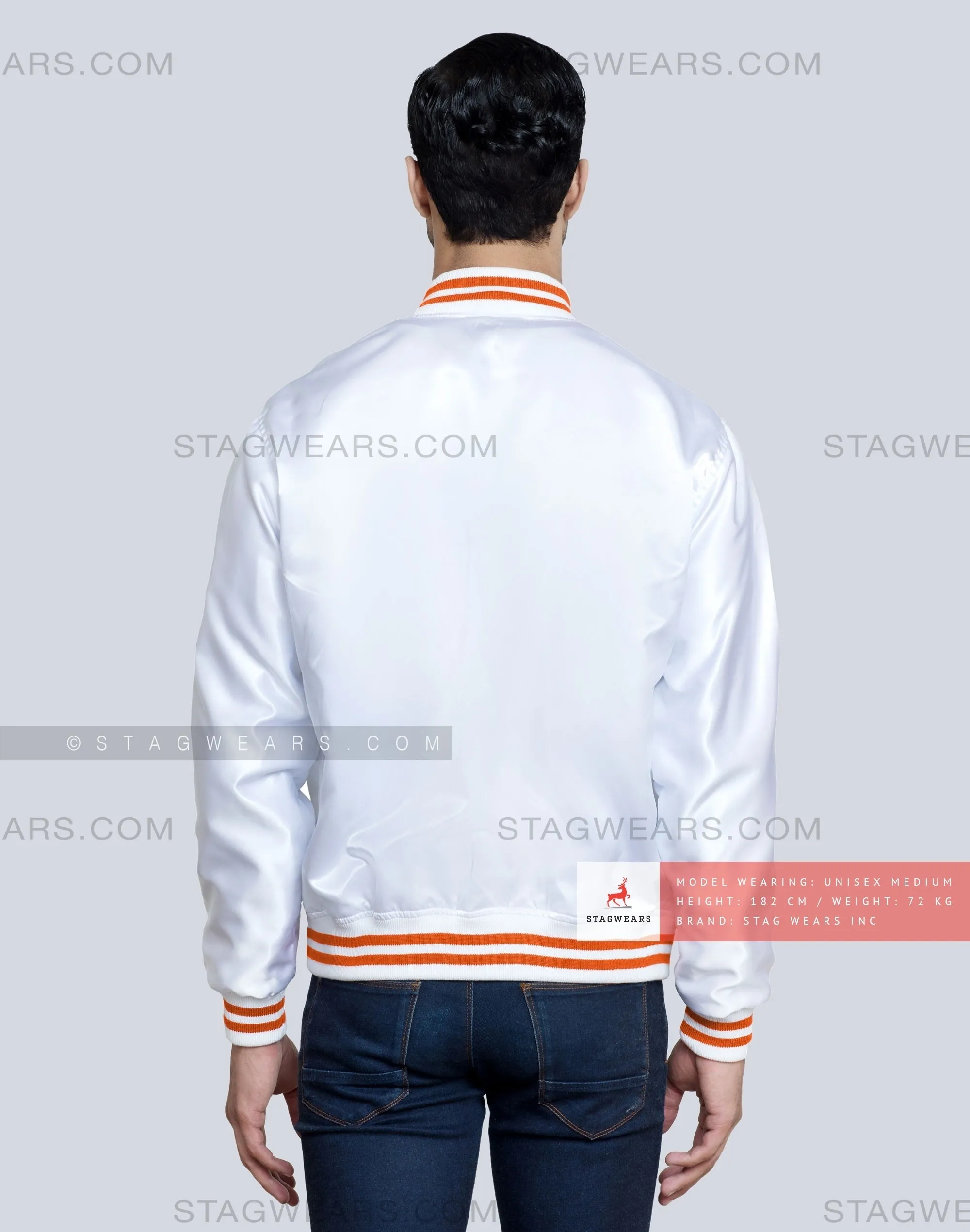 White Satin Baseball Jacket with Orange pockets and Knit lines