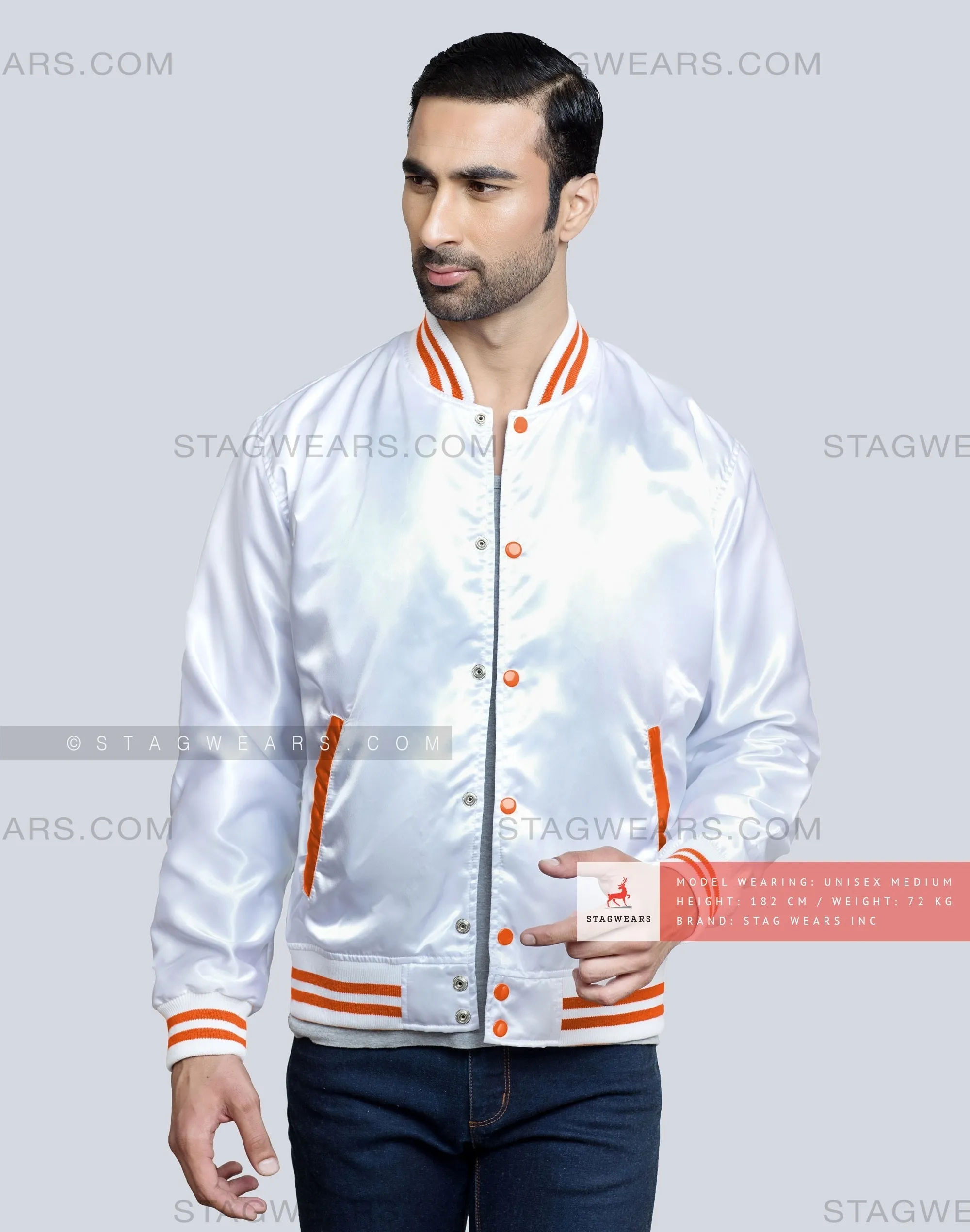 White Satin Baseball Jacket with Orange pockets and Knit lines