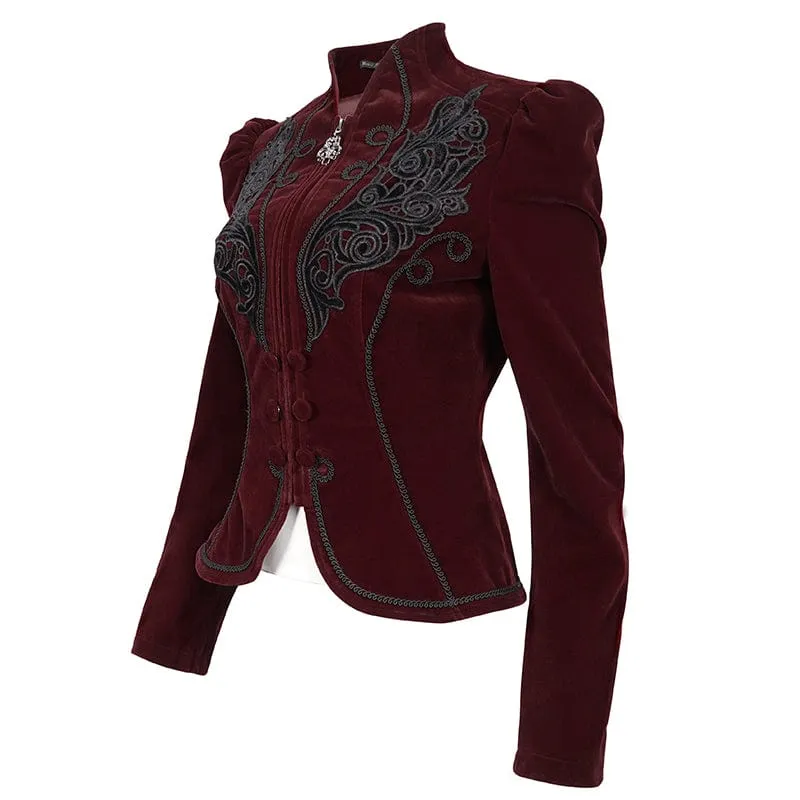 Women's Gothic Stand Collar Floral Embroidered Jacket Red