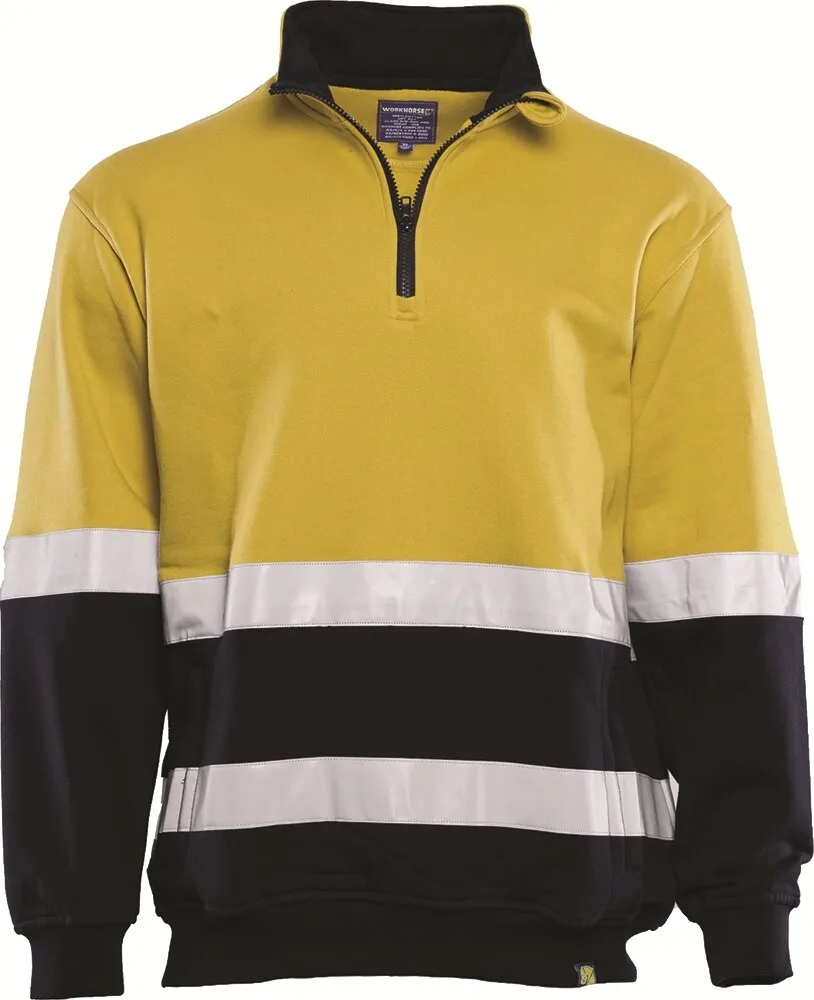 Workhorse MFL005 Men's 2-Tone High Visibility Reflective Taped 1/4 Zipped Fleece Pullover - Cotton - Yellow/Navy - Medium